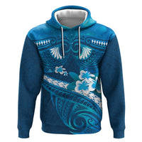 Blue Polynesia Zip Hoodie Tribal Pattern Tropical Frangipani
