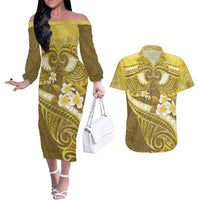 Gold Polynesia Couples Matching Off The Shoulder Long Sleeve Dress and Hawaiian Shirt Tribal Pattern Tropical Frangipani