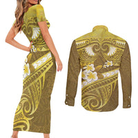 Gold Polynesia Couples Matching Short Sleeve Bodycon Dress and Long Sleeve Button Shirt Tribal Pattern Tropical Frangipani