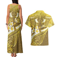 Gold Polynesia Couples Matching Tank Maxi Dress and Hawaiian Shirt Tribal Pattern Tropical Frangipani