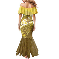 Gold Polynesia Family Matching Mermaid Dress and Hawaiian Shirt Tribal Pattern Tropical Frangipani