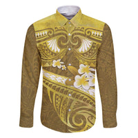 Gold Polynesia Family Matching Off Shoulder Short Dress and Hawaiian Shirt Tribal Pattern Tropical Frangipani