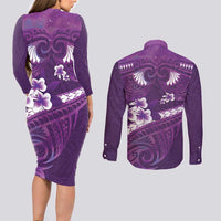 Purple Polynesia Couples Matching Long Sleeve Bodycon Dress and Long Sleeve Button Shirt Tribal Pattern Tropical Frangipani