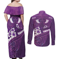 Purple Polynesia Couples Matching Off Shoulder Maxi Dress and Long Sleeve Button Shirt Tribal Pattern Tropical Frangipani