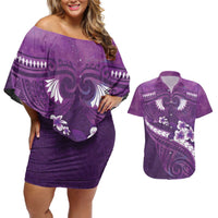 Purple Polynesia Couples Matching Off Shoulder Short Dress and Hawaiian Shirt Tribal Pattern Tropical Frangipani