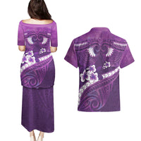 Purple Polynesia Couples Matching Puletasi and Hawaiian Shirt Tribal Pattern Tropical Frangipani