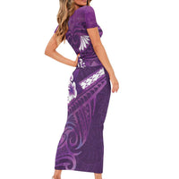 Purple Polynesia Short Sleeve Bodycon Dress Tribal Pattern Tropical Frangipani