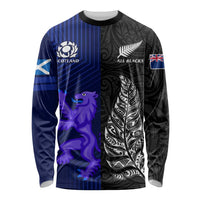 Personalised New Zealand and Scotland Rugby Long Sleeve Shirt All Black Maori With Thistle Together LT14