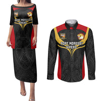 Papua New Guinea Rugby Couples Matching Puletasi Dress and Long Sleeve Button Shirts Port Moresby Vipers PNG Polynesian Pattern LT14 Black - Polynesian Pride