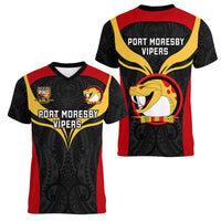 Papua New Guinea Rugby Women V Neck T Shirt Port Moresby Vipers PNG Polynesian Pattern LT14 - Polynesian Pride
