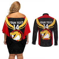 Custom Papua New Guinea Rugby Couples Matching Off Shoulder Short Dress and Long Sleeve Button Shirts Port Moresby Vipers PNG Polynesian Pattern LT14 - Polynesian Pride