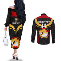 Custom Papua New Guinea Rugby Couples Matching Off The Shoulder Long Sleeve Dress and Long Sleeve Button Shirts Port Moresby Vipers PNG Polynesian Pattern LT14 - Polynesian Pride