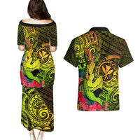 Hawaii Couples Matching Puletasi Dress and Hawaiian Shirt Kanaka Map With Polynesian Shark Tattoo Reggae Unique LT14 - Polynesian Pride
