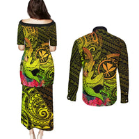 Hawaii Couples Matching Puletasi Dress and Long Sleeve Button Shirts Kanaka Map With Polynesian Shark Tattoo Reggae Unique LT14 - Polynesian Pride