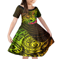 Hawaii Family Matching Off Shoulder Short Dress and Hawaiian Shirt Kanaka Map With Polynesian Shark Tattoo Reggae Unique LT14 Daughter's Dress Reggae - Polynesian Pride