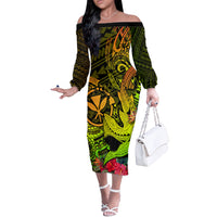 Hawaii Off The Shoulder Long Sleeve Dress Kanaka Map With Polynesian Shark Tattoo Reggae Unique LT14 Women Reggae - Polynesian Pride