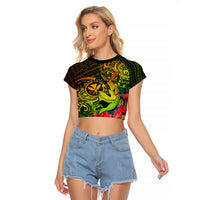 Hawaii Raglan Cropped T Shirt Kanaka Map With Polynesian Shark Tattoo Reggae Unique LT14 Female Reggae - Polynesian Pride