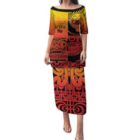Personalised Ia Ora Na Marquesas Islands Puletasi Mata Tiki Marquesan Tattoo LT14 Long Dress Red - Polynesian Pride