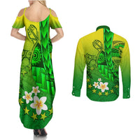 Kia Orana Cook Islands Couples Matching Summer Maxi Dress and Long Sleeve Button Shirt Kuki Airani Tattoo Pattern With Sea Turtle LT14 - Polynesian Pride