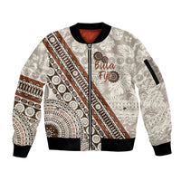 Bula Fiji Sleeve Zip Bomber Jacket Fijian Masi Tapa Cloth Vintage Vibes LT14 Unisex Beige - Polynesian Pride