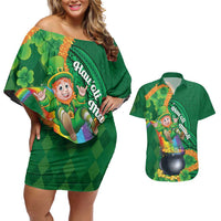 St Patrick's Day Hawaii Couples Matching Off Shoulder Short Dress and Hawaiian Shirt Hauoli Maoli Funny Shaka Leprechaun