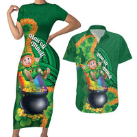 St Patrick's Day Hawaii Couples Matching Short Sleeve Bodycon Dress and Hawaiian Shirt Hauoli Maoli Funny Shaka Leprechaun