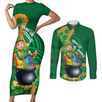 St Patrick's Day Hawaii Couples Matching Short Sleeve Bodycon Dress and Long Sleeve Button Shirt Hauoli Maoli Funny Shaka Leprechaun