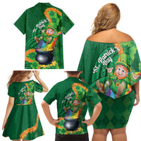 St Patrick's Day Hawaii Family Matching Off Shoulder Short Dress and Hawaiian Shirt Hauoli Maoli Funny Shaka Leprechaun