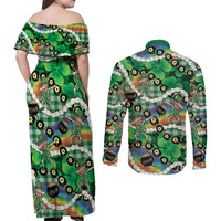 St Patrick's Day Palaka Hawaii Couples Matching Off Shoulder Maxi Dress and Long Sleeve Button Shirt Kukui Nut Pikake Lei Shamrock Dabbing Leprechaun