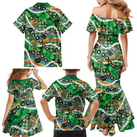 St Patrick's Day Palaka Hawaii Family Matching Mermaid Dress and Hawaiian Shirt Kukui Nut Pikake Lei Shamrock Dabbing Leprechaun