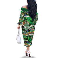St Patrick's Day Palaka Hawaii Family Matching Off The Shoulder Long Sleeve Dress and Hawaiian Shirt Kukui Nut Pikake Lei Shamrock Dabbing Leprechaun