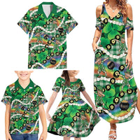 St Patrick's Day Palaka Hawaii Family Matching Summer Maxi Dress and Hawaiian Shirt Kukui Nut Pikake Lei Shamrock Dabbing Leprechaun