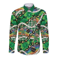 St Patrick's Day Palaka Hawaii Long Sleeve Button Shirt Kukui Nut Pikake Lei Shamrock Dabbing Leprechaun