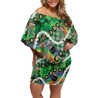 St Patrick's Day Palaka Hawaii Off Shoulder Short Dress Kukui Nut Pikake Lei Shamrock Dabbing Leprechaun LT14 Women Green - Polynesian Pride