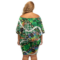 St Patrick's Day Palaka Hawaii Off Shoulder Short Dress Kukui Nut Pikake Lei Shamrock Dabbing Leprechaun LT14 - Polynesian Pride