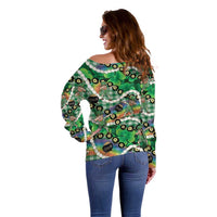 St Patrick's Day Palaka Hawaii Off Shoulder Sweater Kukui Nut Pikake Lei Shamrock Dabbing Leprechaun