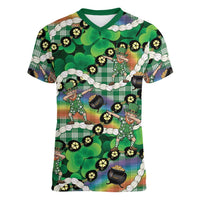 St Patrick's Day Palaka Hawaii Women V-Neck T-Shirt Kukui Nut Pikake Lei Shamrock Dabbing Leprechaun