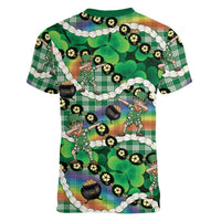 St Patrick's Day Palaka Hawaii Women V-Neck T-Shirt Kukui Nut Pikake Lei Shamrock Dabbing Leprechaun