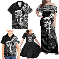 Hafa Adai Guam Discovery Day Family Matching Off Shoulder Maxi Dress and Hawaiian Shirt Chamorro Latte Stone Hand Black Version