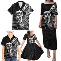 Hafa Adai Guam Discovery Day Family Matching Puletasi and Hawaiian Shirt Chamorro Latte Stone Hand Black Version