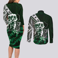Hafa Adai Guam Discovery Day Couples Matching Long Sleeve Bodycon Dress and Long Sleeve Button Shirt Chamorro Latte Stone Hand Green Version