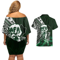 Hafa Adai Guam Discovery Day Couples Matching Off Shoulder Short Dress and Hawaiian Shirt Chamorro Latte Stone Hand Green Version