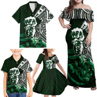 Hafa Adai Guam Discovery Day Family Matching Off Shoulder Maxi Dress and Hawaiian Shirt Chamorro Latte Stone Hand Green Version