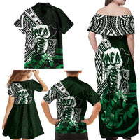 Hafa Adai Guam Discovery Day Family Matching Off Shoulder Maxi Dress and Hawaiian Shirt Chamorro Latte Stone Hand Green Version