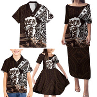 Hafa Adai Guam Discovery Day Family Matching Puletasi and Hawaiian Shirt Chamorro Latte Stone Hand Brown Version