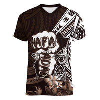 Hafa Adai Guam Discovery Day Women V-Neck T-Shirt Chamorro Latte Stone Hand Brown Version