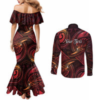 Personalised Polynesia Zodiac Aries Couples Matching Mermaid Dress and Long Sleeve Button Shirt Galaxy Polynesian Pattern Chest Tattoo Style