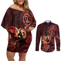 Personalised Polynesia Zodiac Aries Couples Matching Off Shoulder Short Dress and Long Sleeve Button Shirt Galaxy Polynesian Pattern Chest Tattoo Style