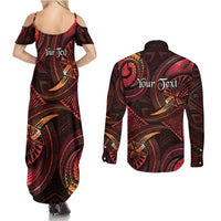 Personalised Polynesia Zodiac Aries Couples Matching Summer Maxi Dress and Long Sleeve Button Shirt Galaxy Polynesian Pattern Chest Tattoo Style