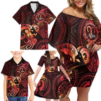Personalised Polynesia Zodiac Aries Family Matching Off Shoulder Short Dress and Hawaiian Shirt Galaxy Polynesian Pattern Chest Tattoo Style